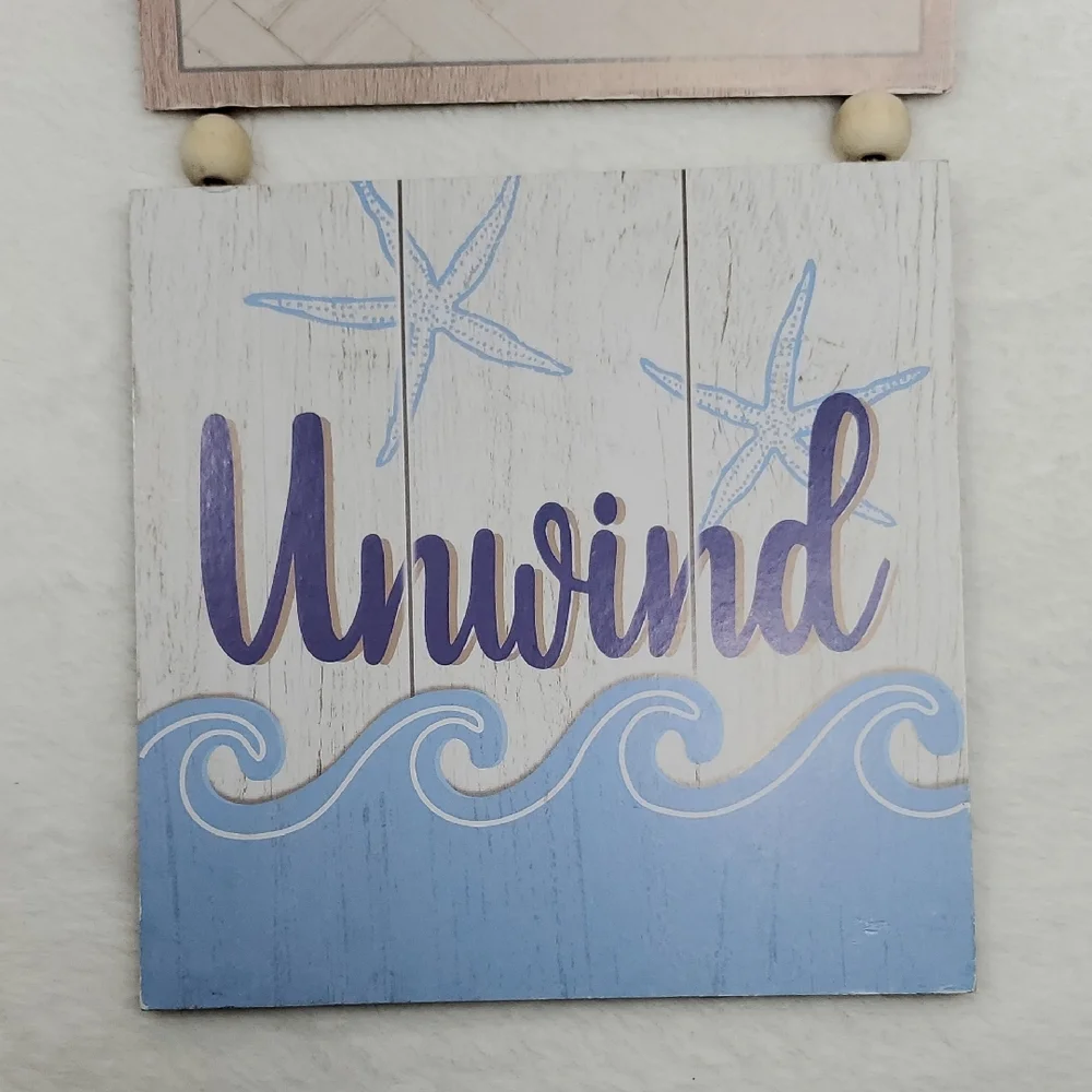 Beach Relax & Unwind Wall Decor Sign & Blue Candle Holder Bottle